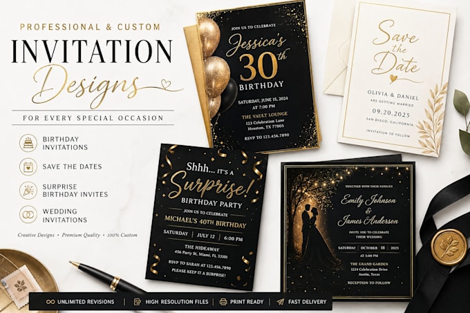 design professional birthday, wedding, and party invitations