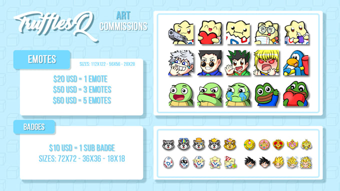 design you twitch emotes, sub badges and cartoon portraits