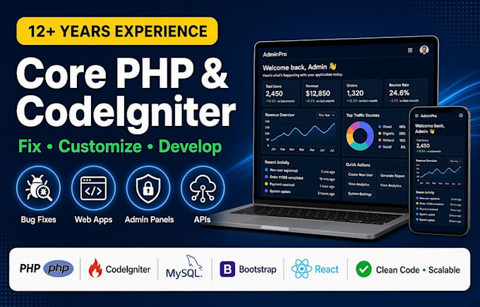 fix core PHP and codeigniter bugs, customize or develop websites