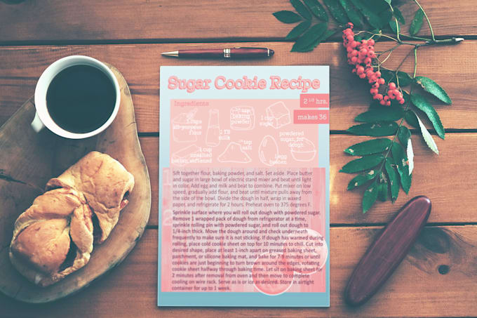 design a recipe card or menu with type, doodles, and images
