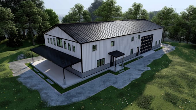 create barndominium and pole barn floor plan and visuals