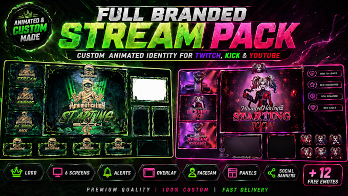 create a full twitch stream branding pack with animated overlays