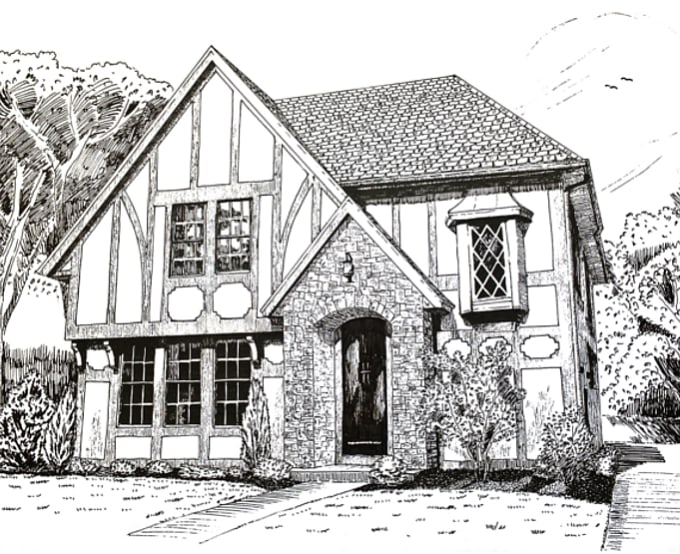 Draw a detailed ink sketch of a house or building by 