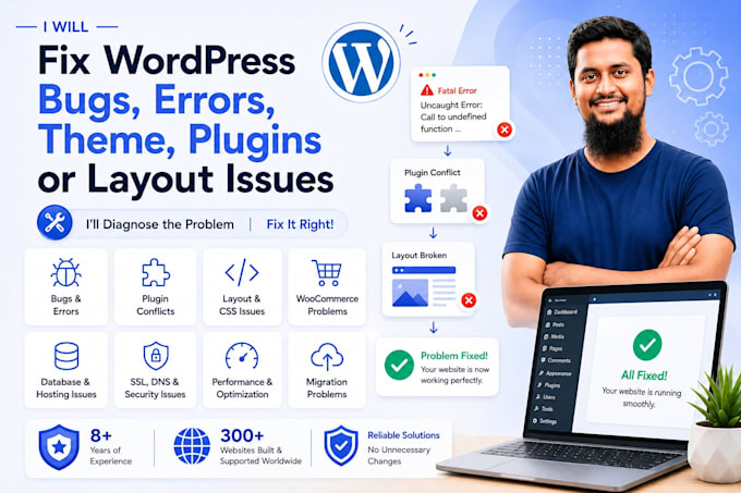 fix wordpress bugs, errors, theme, plugins or layout issues