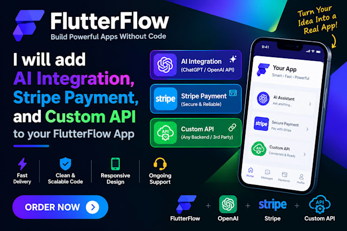 add ai integration, stripe payment, and custom API to your flutterflow app