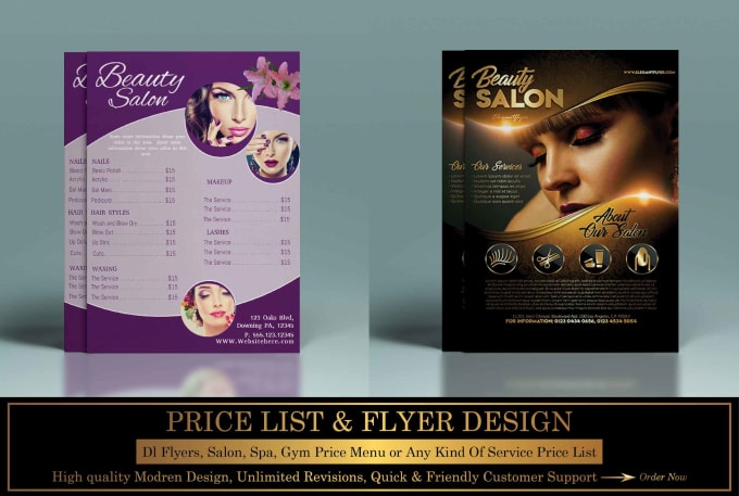 design salon, spa, gym, price menu or price list