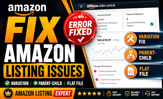 fix amazon listing variation, parent child, brand and flat file issues