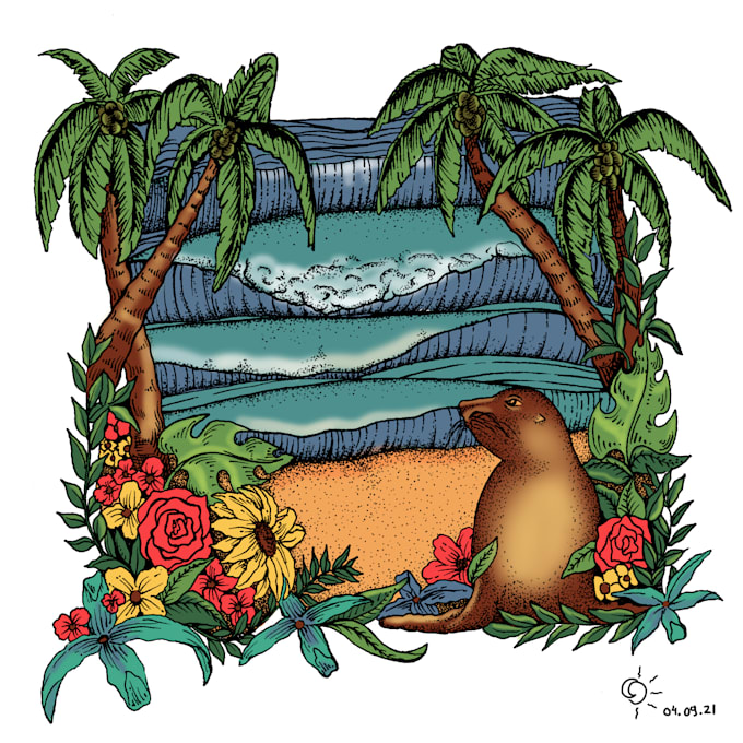 draw tropical paradise custom artwork of coastel flora fauna