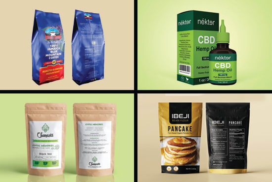 design amazon product packaging label, coffee pouch bag, box, bottle