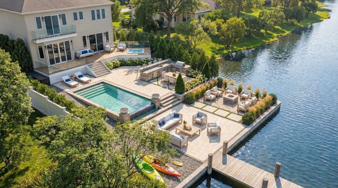 design 3d landscape, pool, terrace, patio and backyard