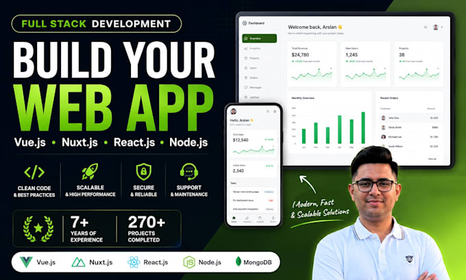 develop full stack nuxt js, vue js, react js, node js web app