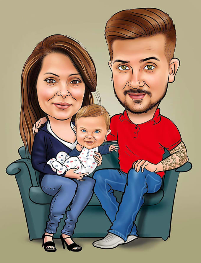 Draw ideal family cartoon caricature from photo by Wolivakapori