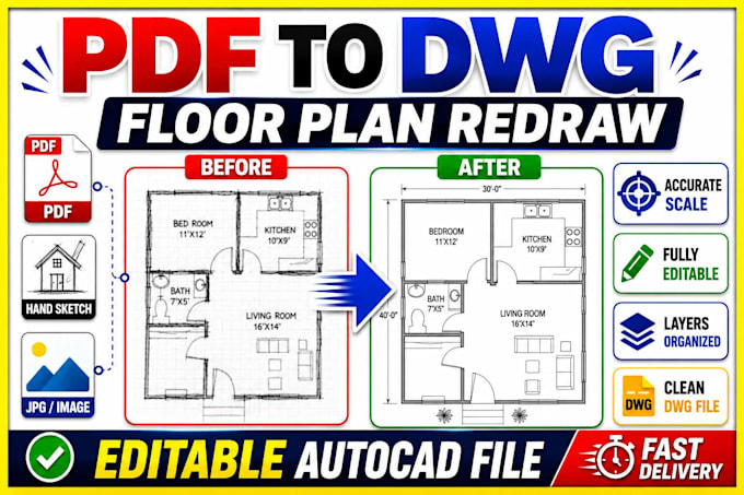 redraw floor plan, convert PDF, sketch or image