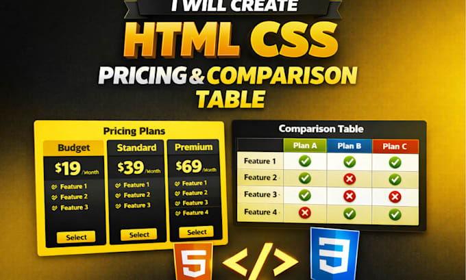 create table, pricing table,comparison table using html,css