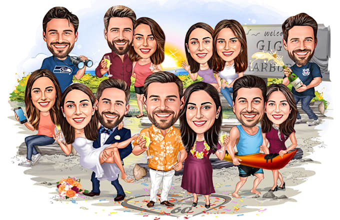 make an awesome couple caricature, wedding group caricature