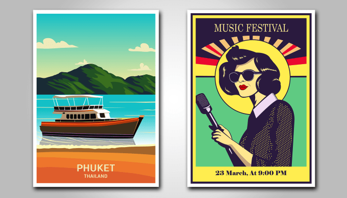 create illustrated vintage retro poster or flyer for travel art deco wall art