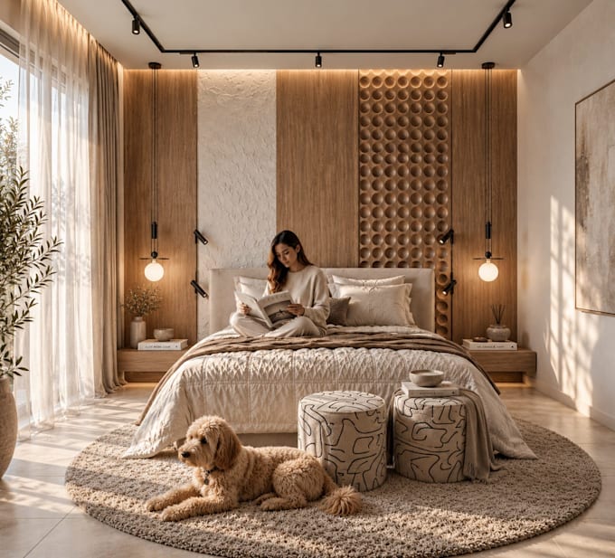 design a modern bedroom interior with realistic 3d renders
