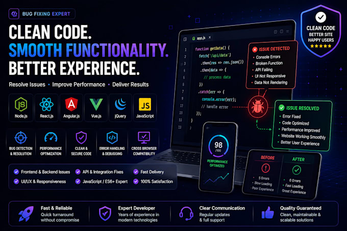 fix nodejs reactjs angularjs vuejs jquery javascript bugs in your site