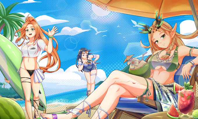 draw anime art character illustration oc, pfp, fanart, 2d vtuber for summer gift