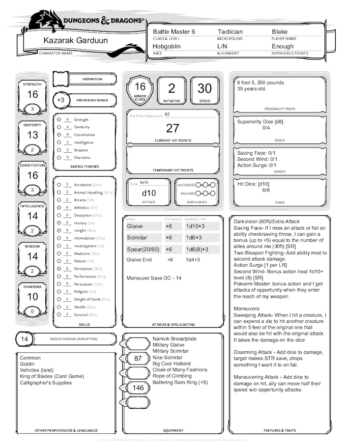 create a dungeons and dragons character sheet