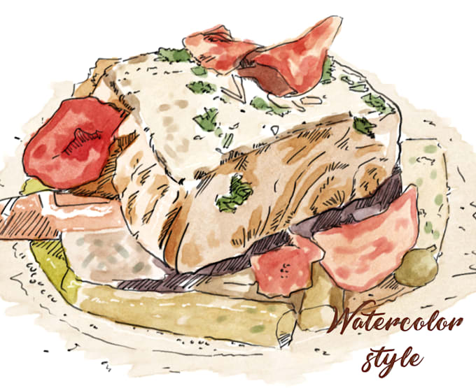 create hand drawn watercolor food illustrations for menu and branding