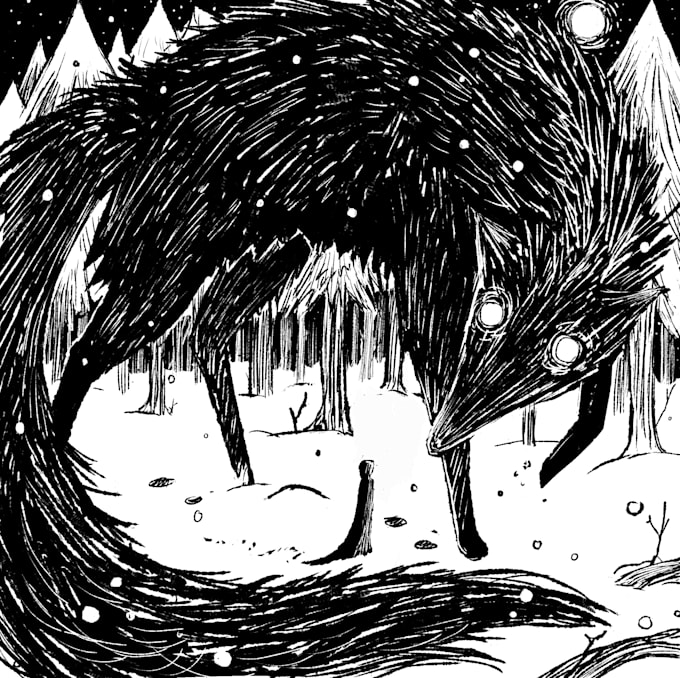 create dark, inked children book art logo, album cover, visual