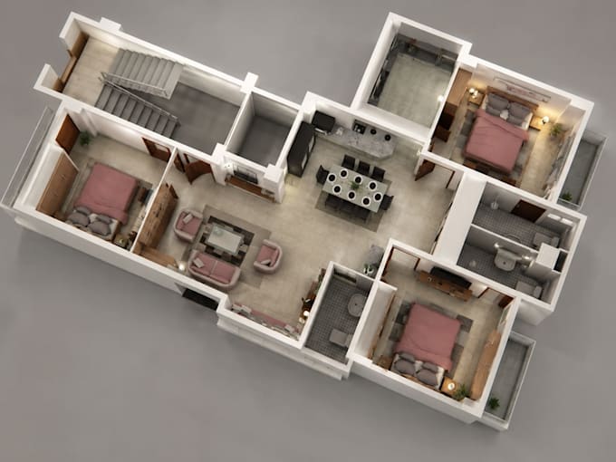 create a 3d floor plan with texture and furniture