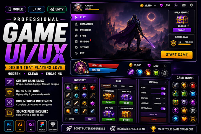 design premium game UI UX for mobile, PC and unity games