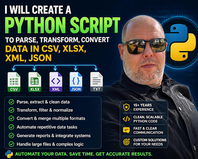 create a python script to parse, transform, convert data in CSV, xlsx, XML, json