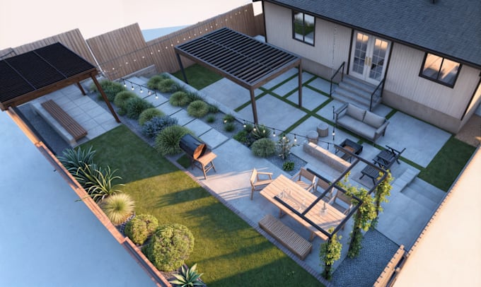 do landscape design, garden design, backyard, swimming pool, and render images