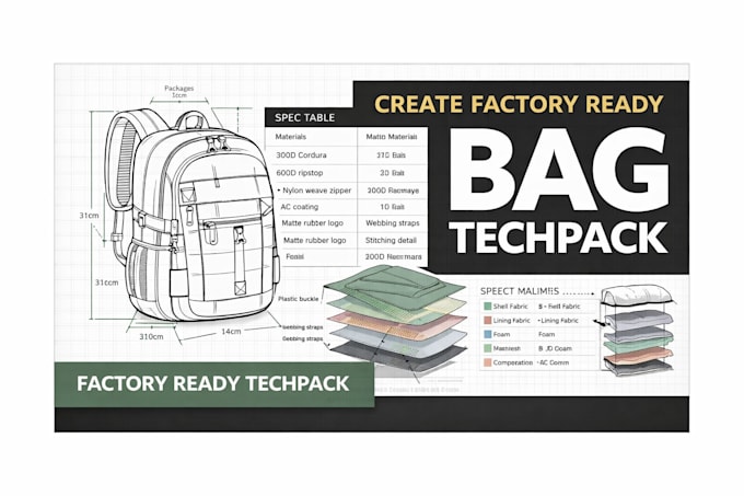 create backpack techpack for factory production with full specs