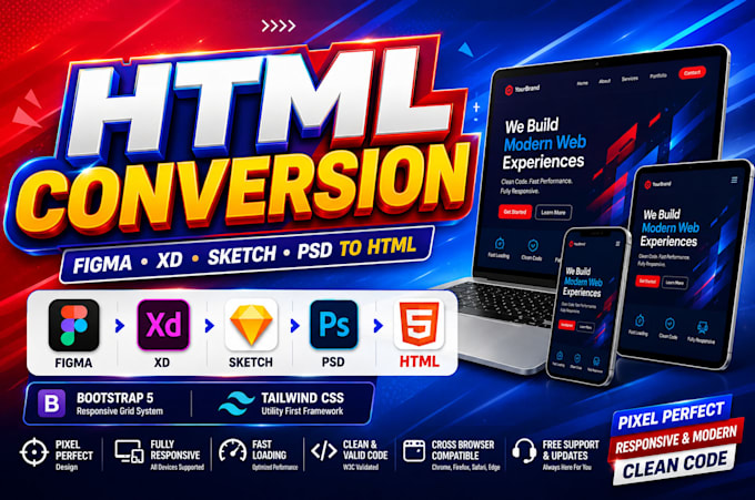 convert figma to html, psd to html, xd to html responsive bootstrap or tailwind