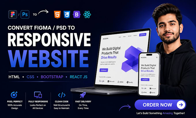 convert PSD, figma to HTML, CSS bootstrap responsive website, react js