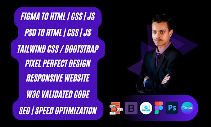 convert figma, PSD to responsive HTML CSS js website using tailwind or bootstrap