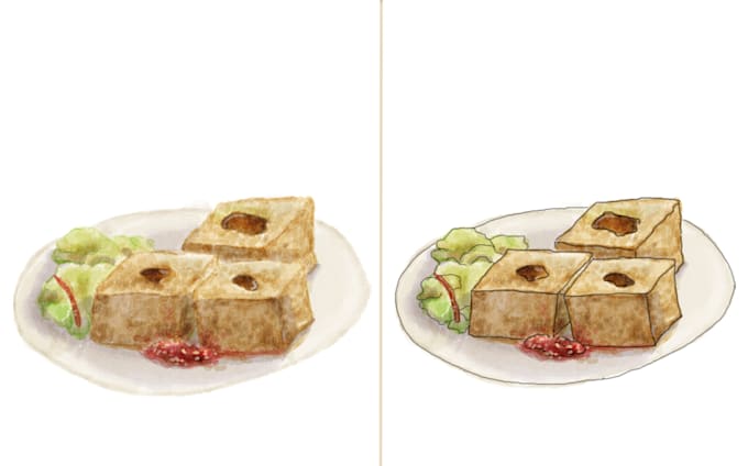 illustrate foods or desserts in watercolor or cartoon  style