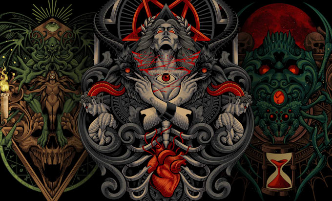 draw detailed dark art illustration with engraving style