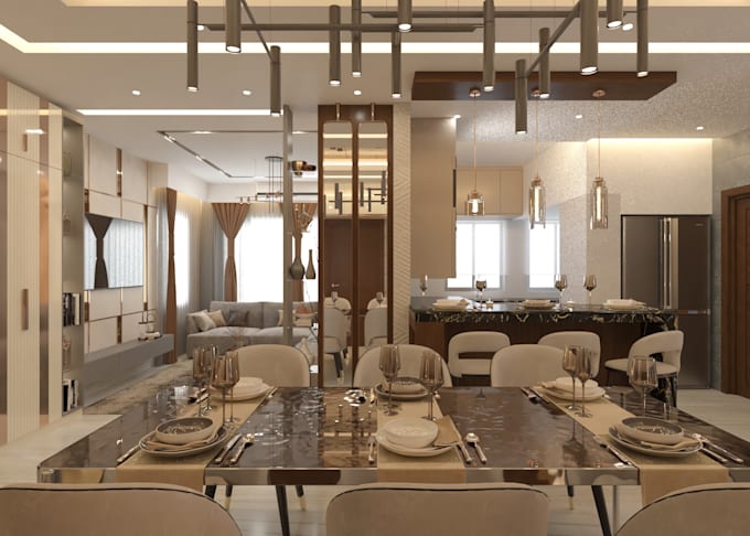 do a realistic interior render of offices residences restaurants