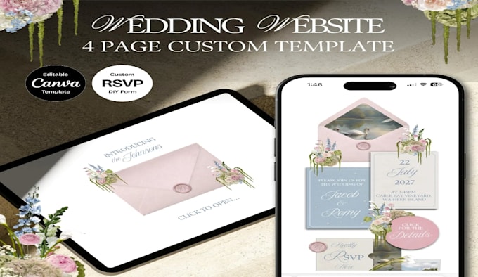 design editable wedding invitation website template in canva