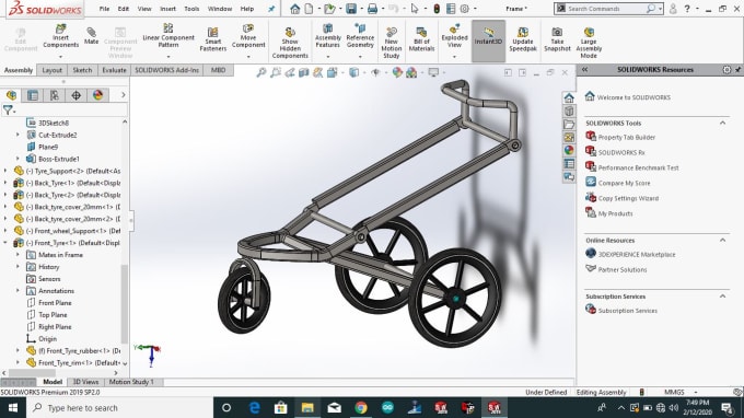 making frmae in solidworks with dimensions