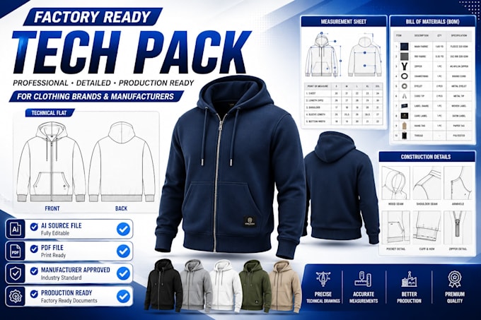 create a factory ready apparel tech pack for clothing manufacturers