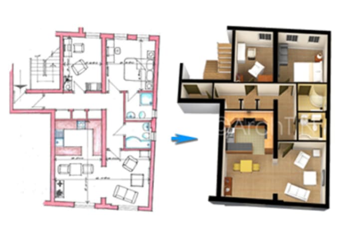 Convert your 2d floor plan into rendered 3d floor plan by