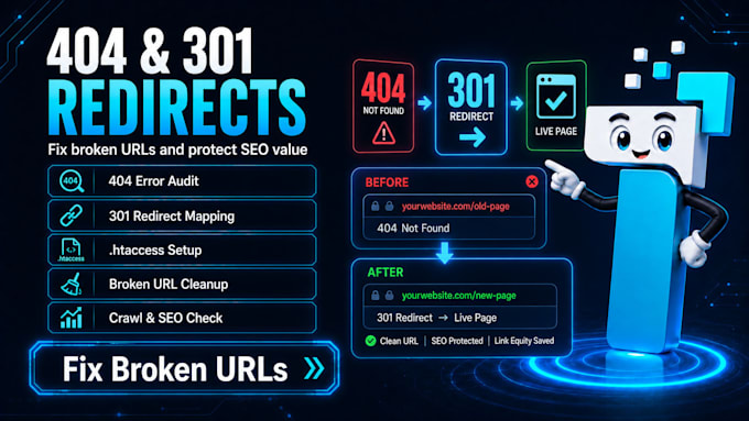 fix 404 error and broken URL using 301 redirects in htaccess file