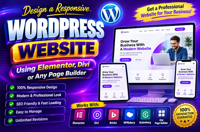 design a responsive wordpress website using elementor, divi or any page builder