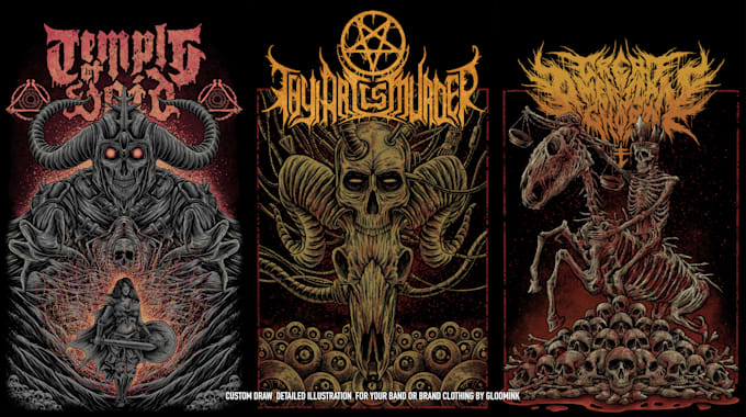 create detailed dark art illustrations for bands and merch