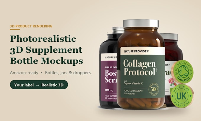 create realistic 3d supplement bottle mockup and product render for amazon