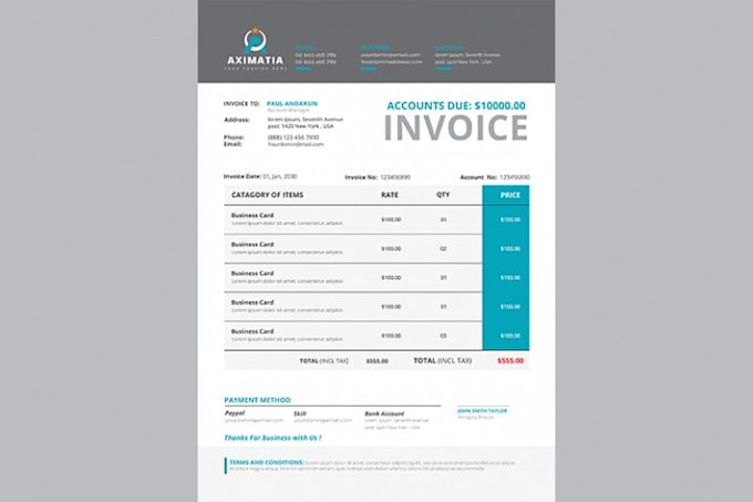design invoice, receipt, letterhead in PSD, ai, ms word