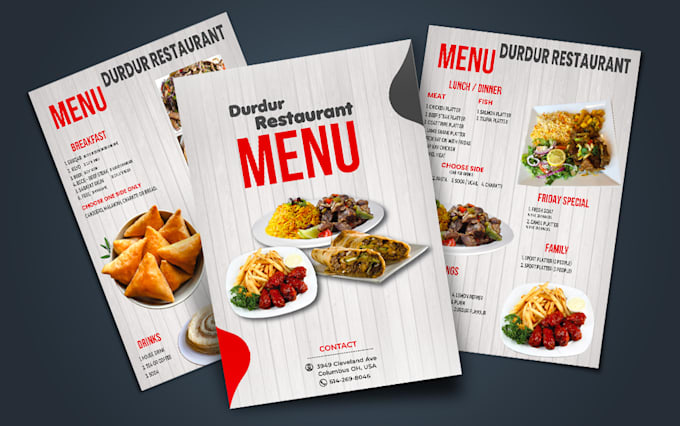 design editable stunning restaurant flyers, menus, trifold menus