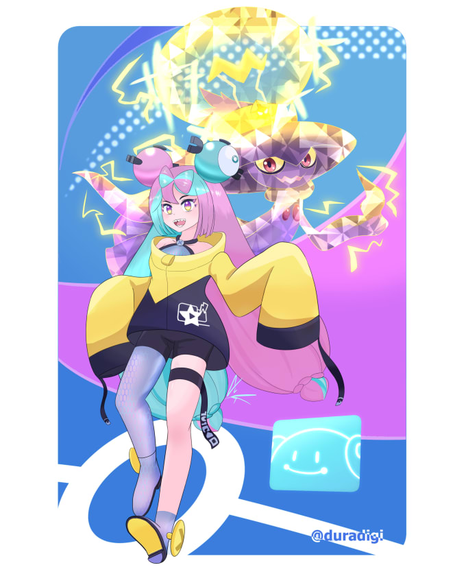 create a trainer, 2 pokemon drawing with simple background