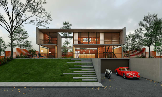 create realistic 3d architectural rendering of exterior and interior