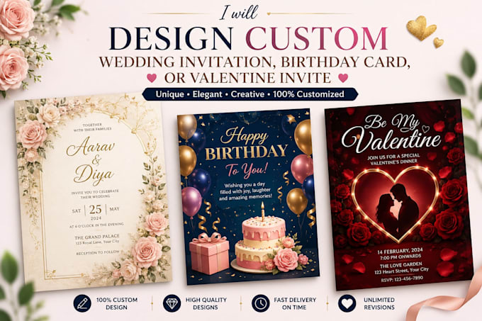 design custom wedding invitation, birthday card, or valentine invite